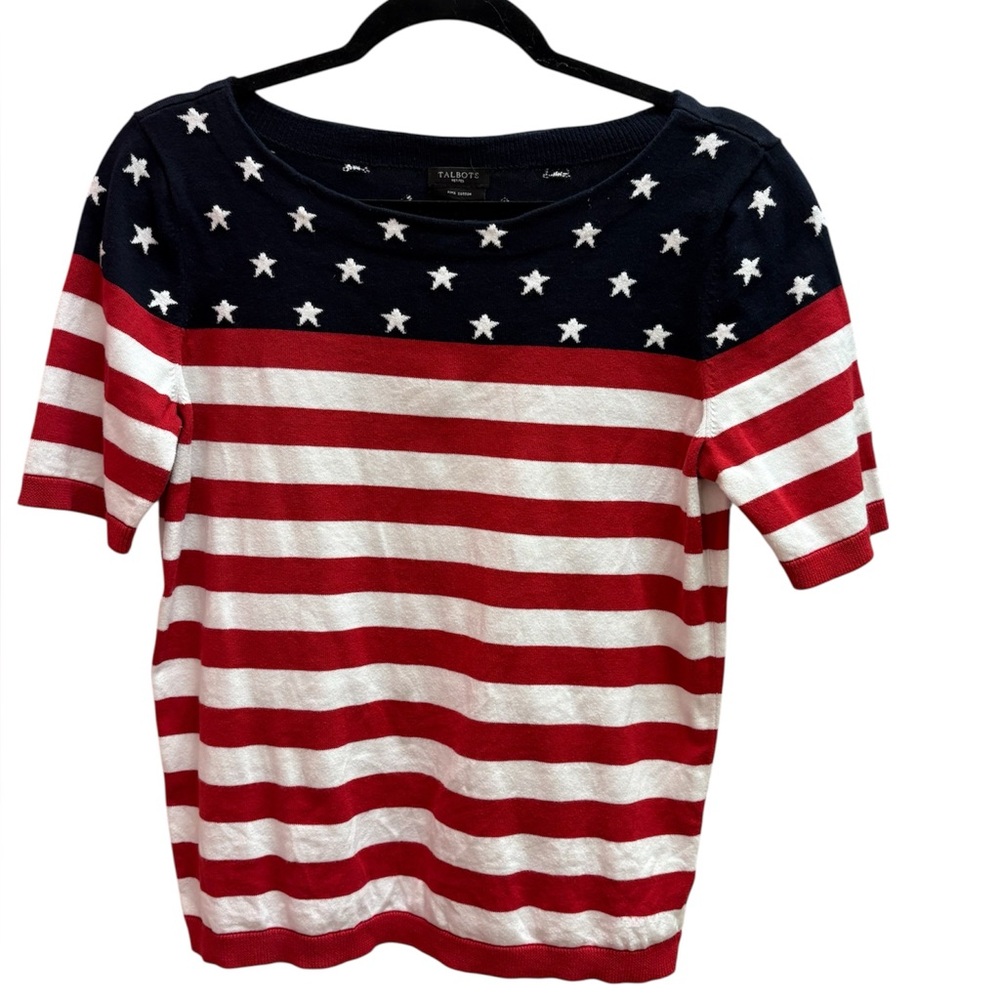 Talbots Womens Sweater American Flag Blend Size M Petite - Red white blue USA